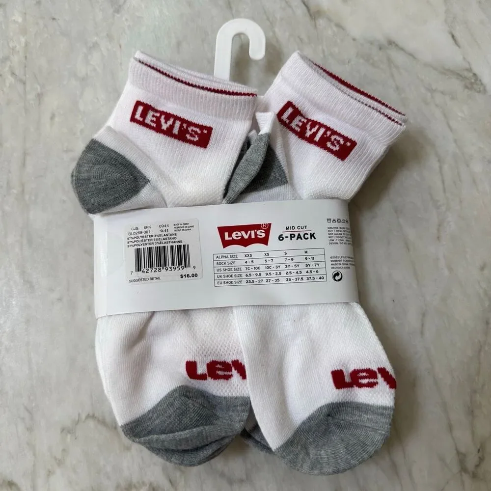 Levi's Kids boys 6 pairs mid it Socks size M shoe size 5-7Y NWT